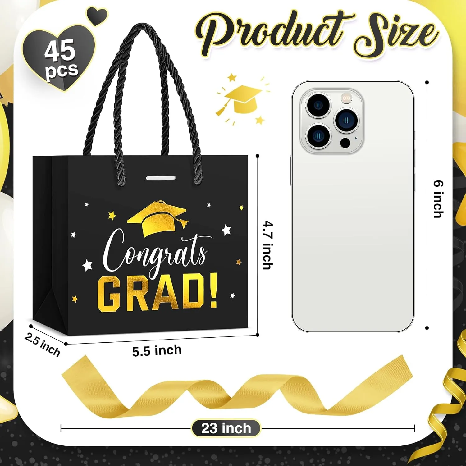 Jetec 45 Pack 2025 Graduation Gift Bags Bulk Small Congrats Bags with Handle and Bow Ribbon 5.5 x 4.7 x 2.5 Inch Grad Paper Treat Gifts Party Favor Supplies for College High School(Black Gold)