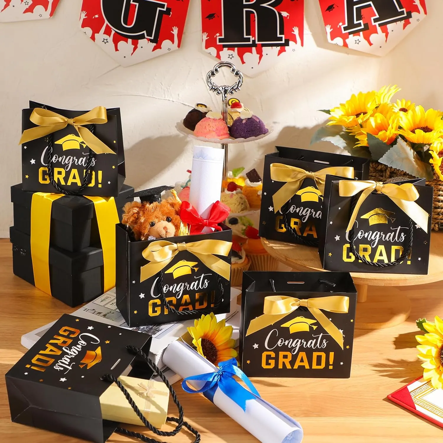 Jetec 45 Pack 2025 Graduation Gift Bags Bulk Small Congrats Bags with Handle and Bow Ribbon 5.5 x 4.7 x 2.5 Inch Grad Paper Treat Gifts Party Favor Supplies for College High School(Black Gold)