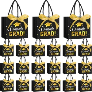 Jetec 45 Pack 2025 Graduation Gift Bags Bulk Small Congrats Bags with Handle and Bow Ribbon 5.5 x 4.7 x 2.5 Inch Grad Paper Treat Gifts Party Favor Supplies for College High School(Black Gold)
