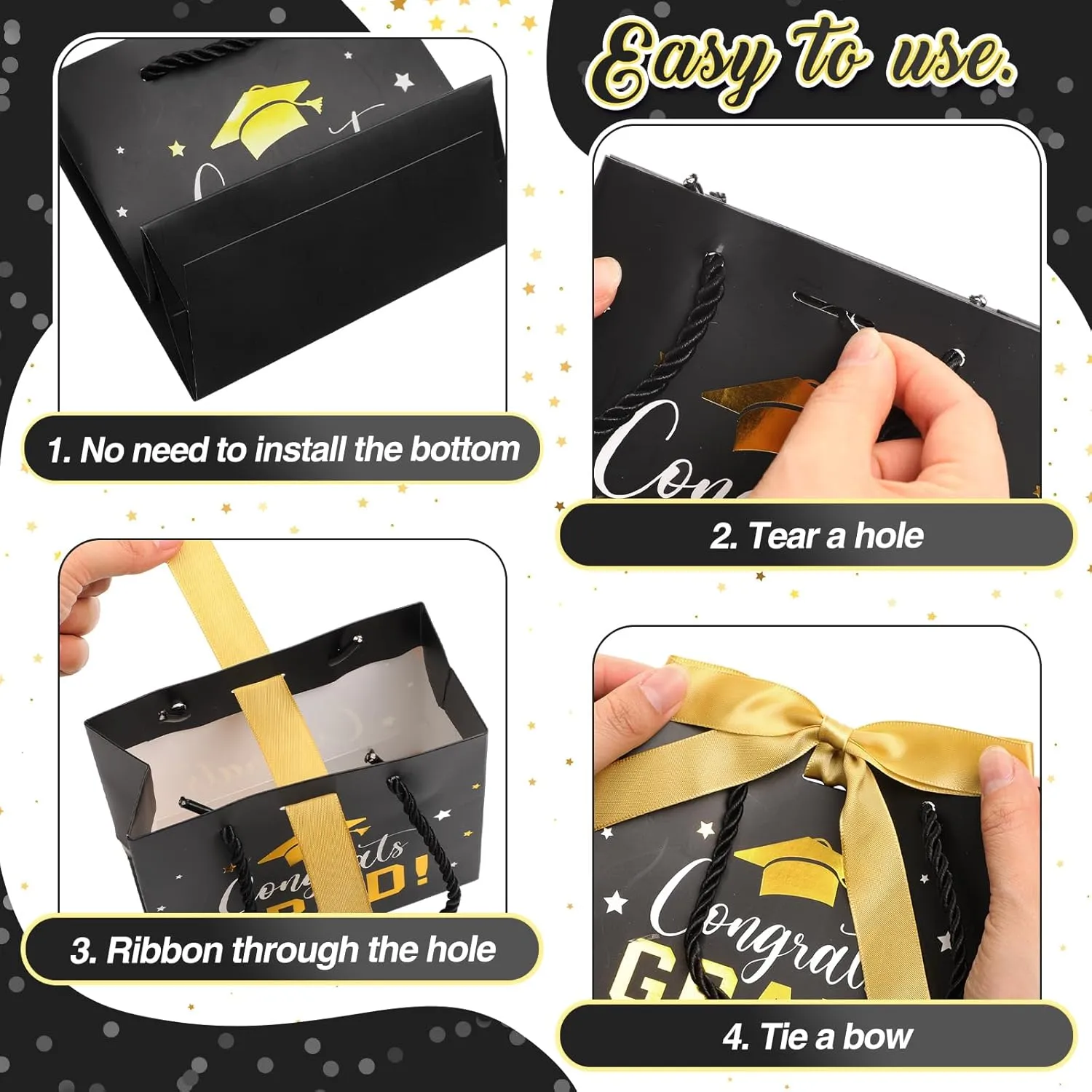 Jetec 45 Pack 2025 Graduation Gift Bags Bulk Small Congrats Bags with Handle and Bow Ribbon 5.5 x 4.7 x 2.5 Inch Grad Paper Treat Gifts Party Favor Supplies for College High School(Black Gold)