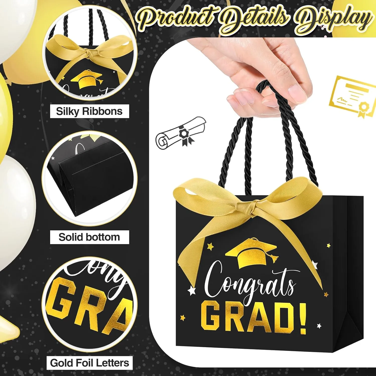 Jetec 45 Pack 2025 Graduation Gift Bags Bulk Small Congrats Bags with Handle and Bow Ribbon 5.5 x 4.7 x 2.5 Inch Grad Paper Treat Gifts Party Favor Supplies for College High School(Black Gold)