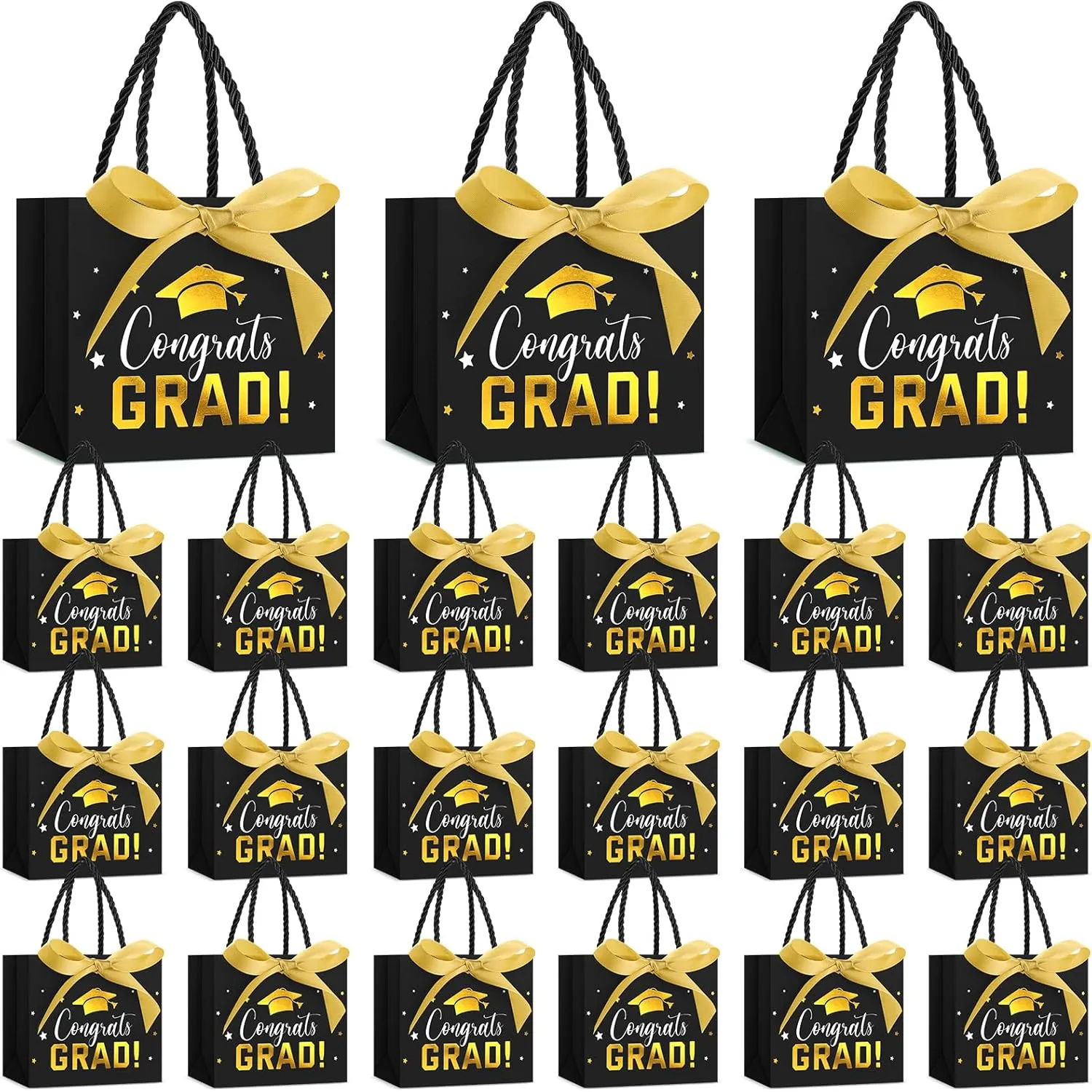 Jetec 45 Pack 2025 Graduation Gift Bags Bulk Small Congrats Bags with Handle and Bow Ribbon 5.5 x 4.7 x 2.5 Inch Grad Paper Treat Gifts Party Favor Supplies for College High School(Black Gold)