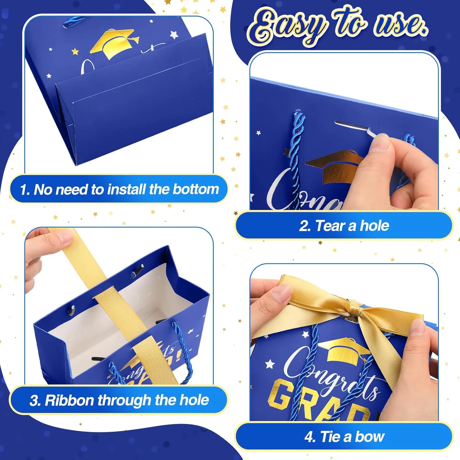 Jetec 45 Pack 2025 Graduation Gift Bags Bulk Small Congrats Bags with Handle and Bow Ribbon 5.5 x 4.7 x 2.5 Inch Grad Paper Treat Gifts Party Favor Supplies for College High School(Blue Gold)