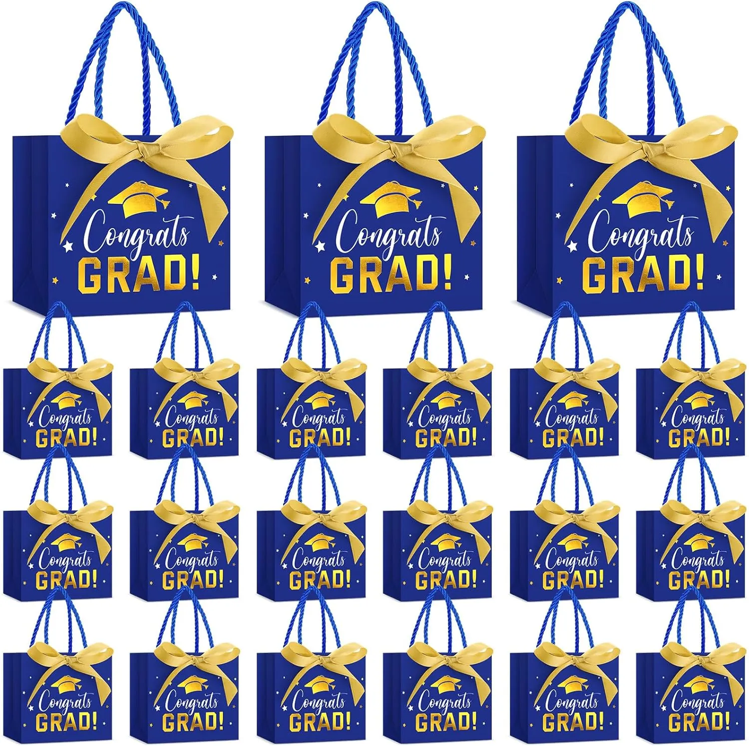 Jetec 45 Pack 2025 Graduation Gift Bags Bulk Small Congrats Bags with Handle and Bow Ribbon 5.5 x 4.7 x 2.5 Inch Grad Paper Treat Gifts Party Favor Supplies for College High School(Blue Gold)