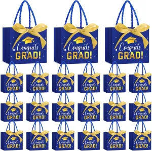 Jetec 45 Pack 2025 Graduation Gift Bags Bulk Small Congrats Bags with Handle and Bow Ribbon 5.5 x 4.7 x 2.5 Inch Grad Paper Treat Gifts Party Favor Supplies for College High School(Blue Gold)