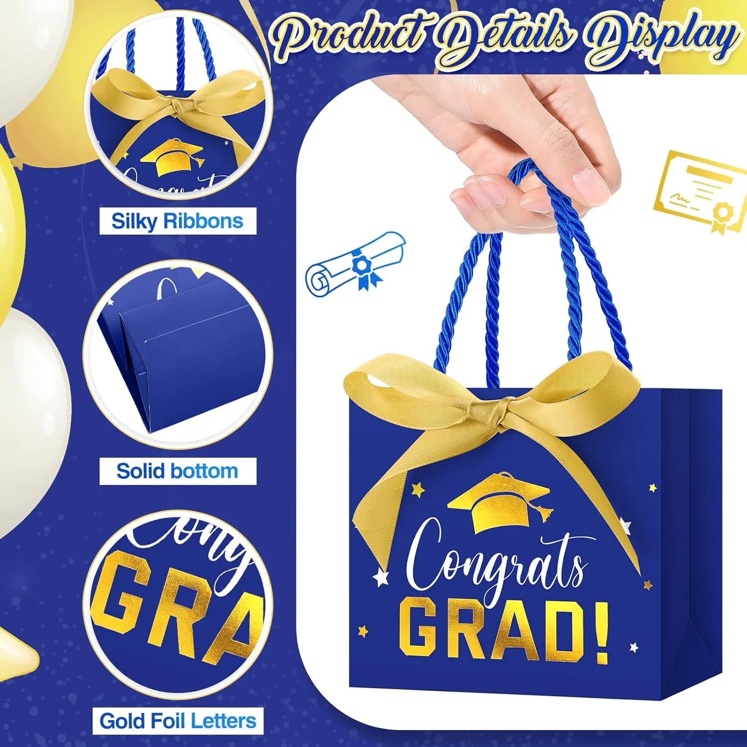 Jetec 45 Pack 2025 Graduation Gift Bags Bulk Small Congrats Bags with Handle and Bow Ribbon 5.5 x 4.7 x 2.5 Inch Grad Paper Treat Gifts Party Favor Supplies for College High School(Blue Gold)