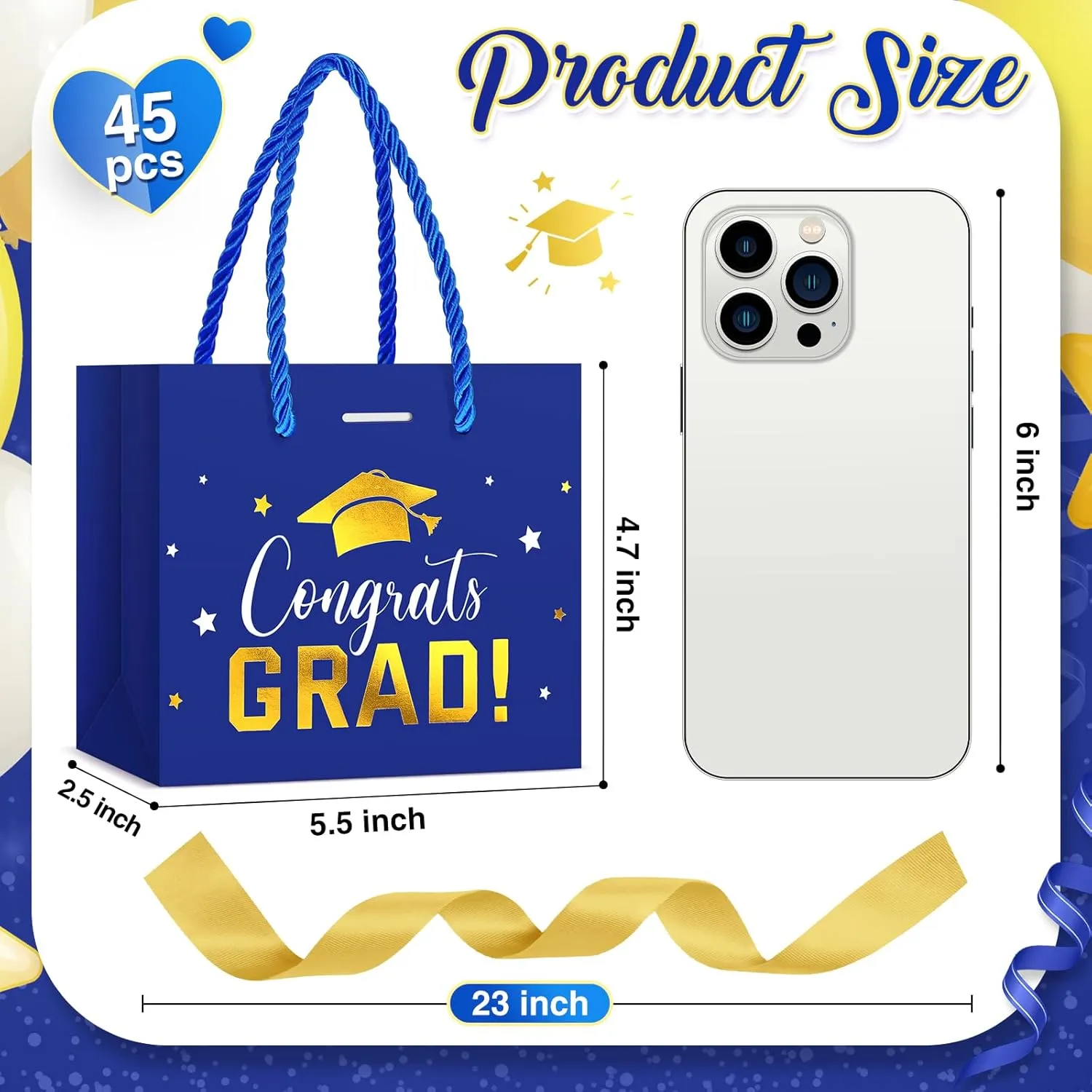 Jetec 45 Pack 2025 Graduation Gift Bags Bulk Small Congrats Bags with Handle and Bow Ribbon 5.5 x 4.7 x 2.5 Inch Grad Paper Treat Gifts Party Favor Supplies for College High School(Blue Gold)
