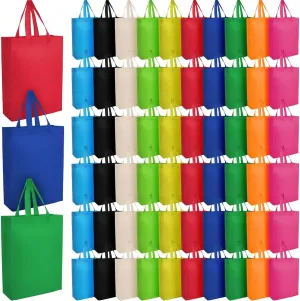 Jexine 80 Pieces Reusable Grocery Bags Bulk Non Woven Tote Bags Multicolor Gift Shopping Tote with Handles Foldable Fabric Tote for Birthday Party Shopping Treat Favor,12.6 x 15 Inch