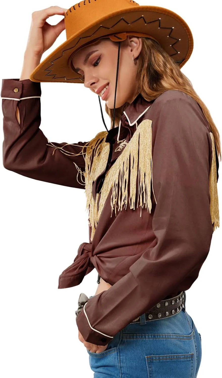 JOHN MOON Women's Fringe Western Button Down Shirts with Studs Floral Embroidered Cowgirl Tops Country Style Snap Blouses