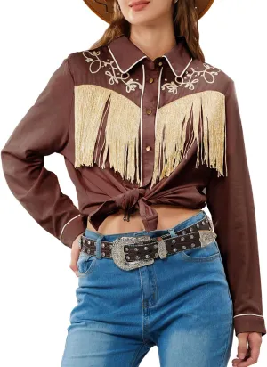 JOHN MOON Women's Fringe Western Button Down Shirts with Studs Floral Embroidered Cowgirl Tops Country Style Snap Blouses