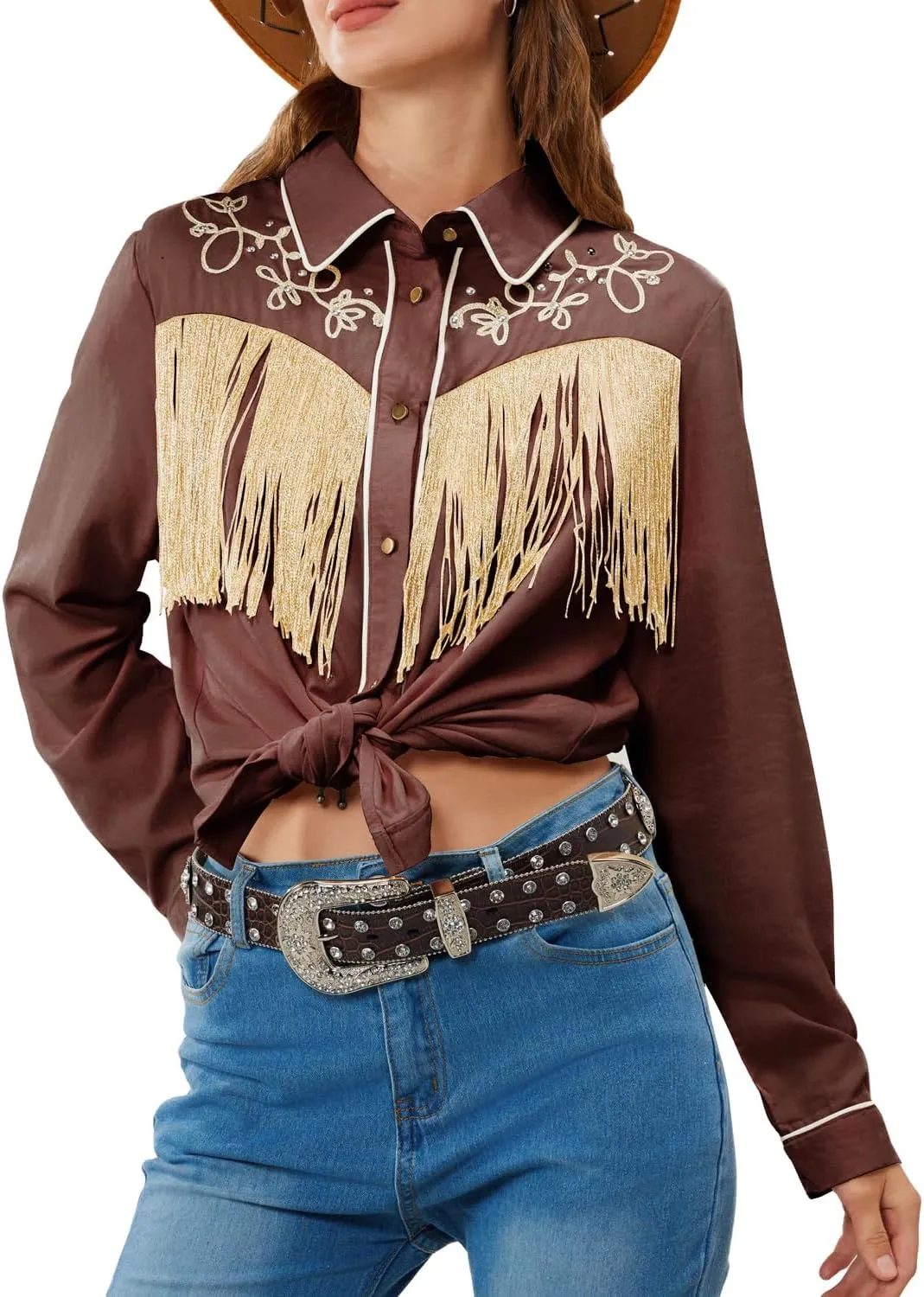 JOHN MOON Women's Fringe Western Button Down Shirts with Studs Floral Embroidered Cowgirl Tops Country Style Snap Blouses