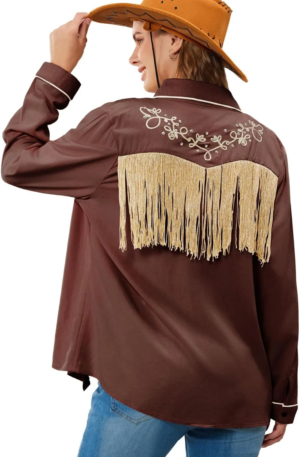 JOHN MOON Women's Fringe Western Button Down Shirts with Studs Floral Embroidered Cowgirl Tops Country Style Snap Blouses
