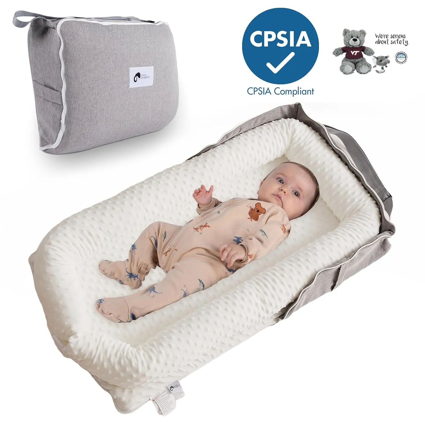 Joyful Journeys Baby Lounger Diaper Bag - Portable Nest & Organizer | Versatile Infant Bag for Convenience (White Minky)