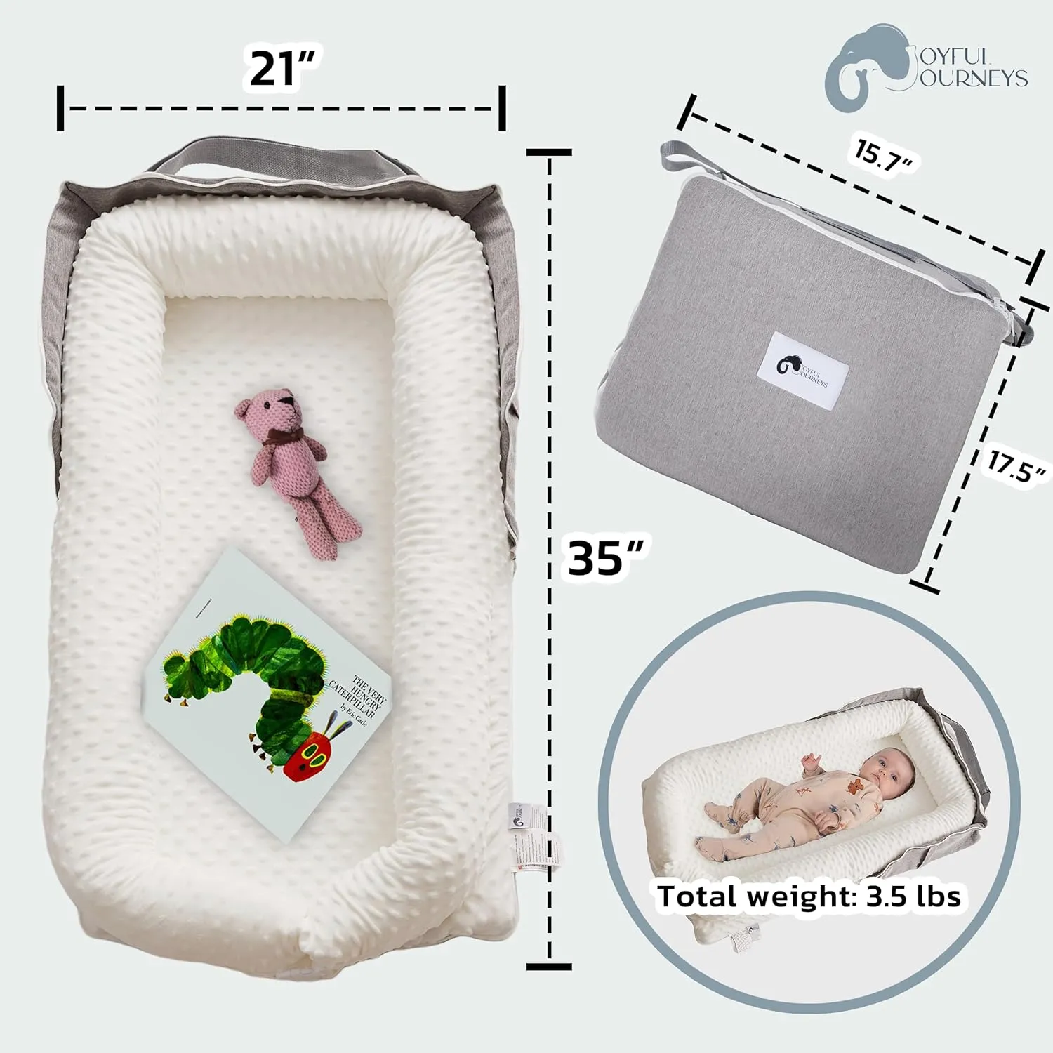 Joyful Journeys Baby Lounger Diaper Bag - Portable Nest & Organizer | Versatile Infant Bag for Convenience (White Minky)