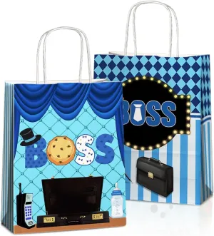 JOYGATHER 24 Pcs Boss Party Favors Bags with Handles, Baby Boy Goodie Bags, Gift Bags, Candy Bags with 2 Different Types, Boss Kraft Paper Bags for Birthday Party Supplies Baby Shower Decorations