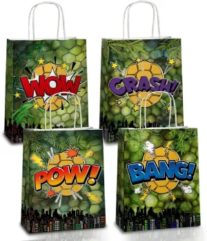 JOYGATHER Turtle 24 Pcs Hero Party Favors Bags with Handles, Turtle Goodie Gift Candy Kraft Pape Bags with 4 Different Types for Birthday Party Supplies Baby Shower Decorations