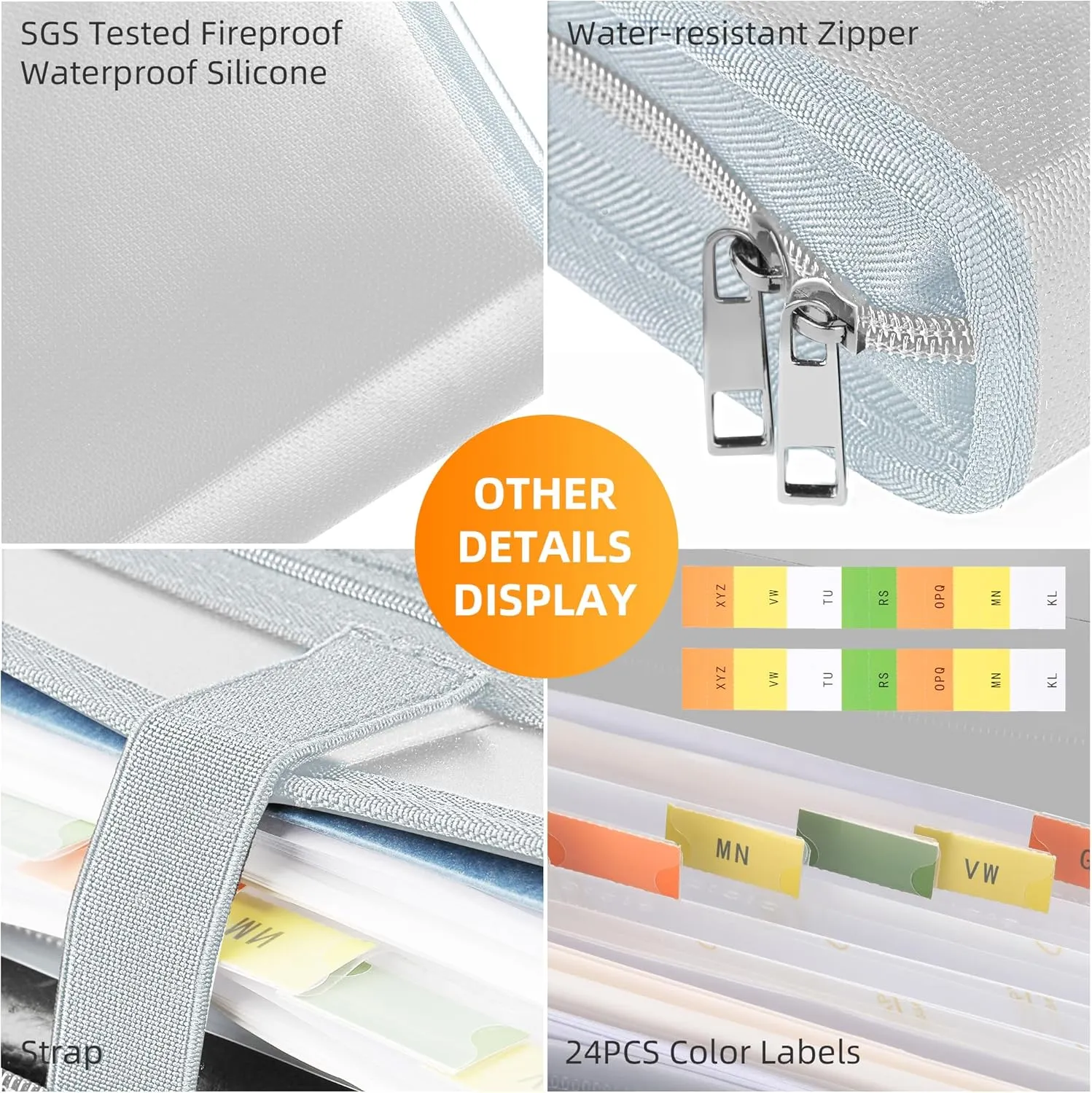 JUNDUN Accordion File Organizer - Fireproof Accordion Folder with Zipper & Labels - 12 Pocket Expanding File Folder with Multi-Pockets Paper Organizer Folder for Letter A4 Files and More (Sliver)