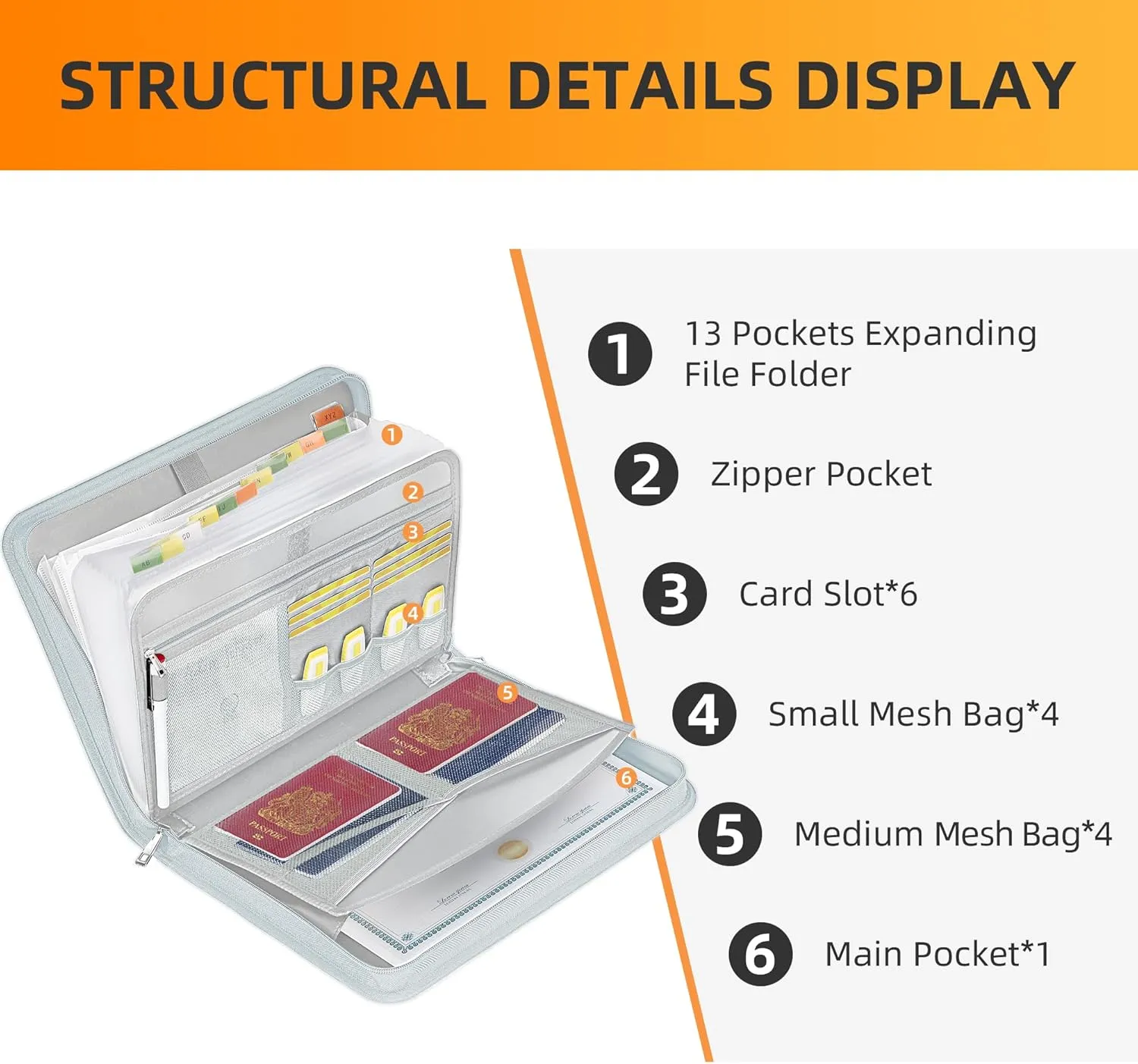 JUNDUN Accordion File Organizer - Fireproof Accordion Folder with Zipper & Labels - 12 Pocket Expanding File Folder with Multi-Pockets Paper Organizer Folder for Letter A4 Files and More (Sliver)