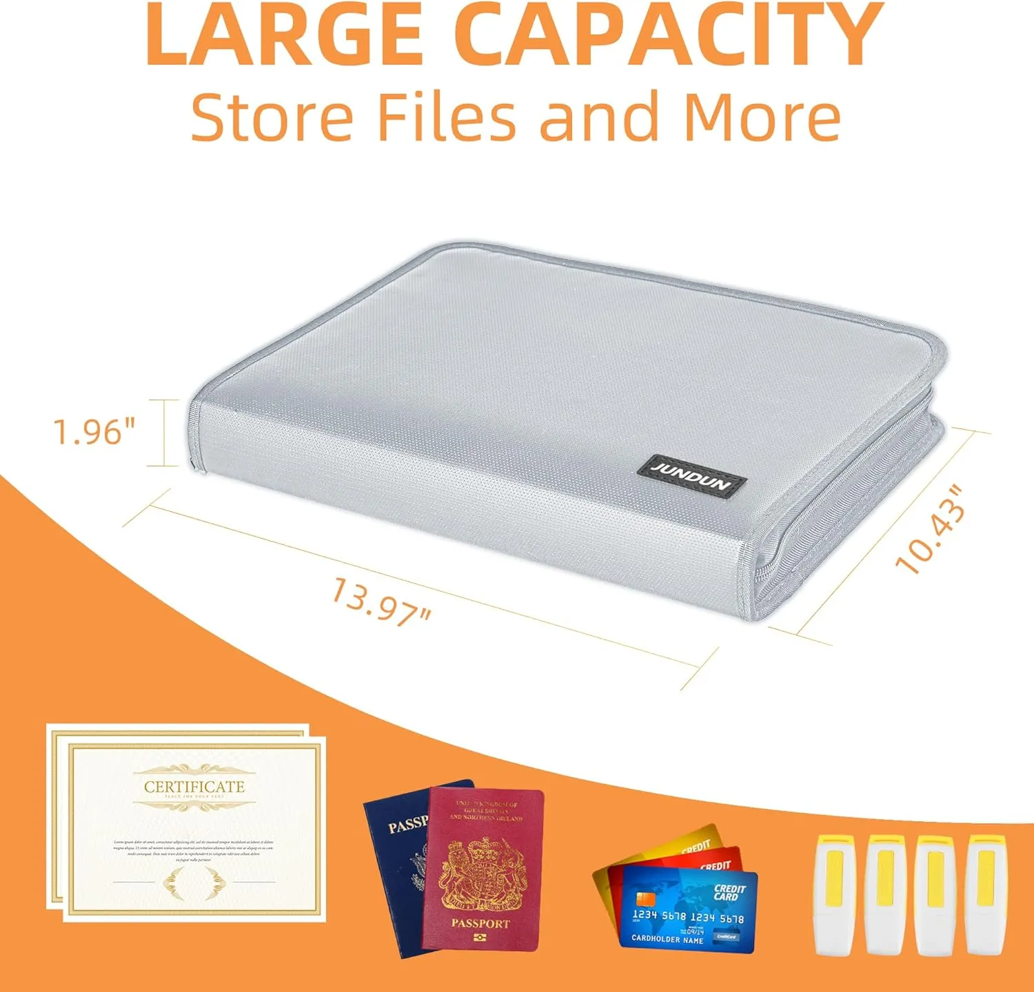 JUNDUN Accordion File Organizer - Fireproof Accordion Folder with Zipper & Labels - 12 Pocket Expanding File Folder with Multi-Pockets Paper Organizer Folder for Letter A4 Files and More (Sliver)