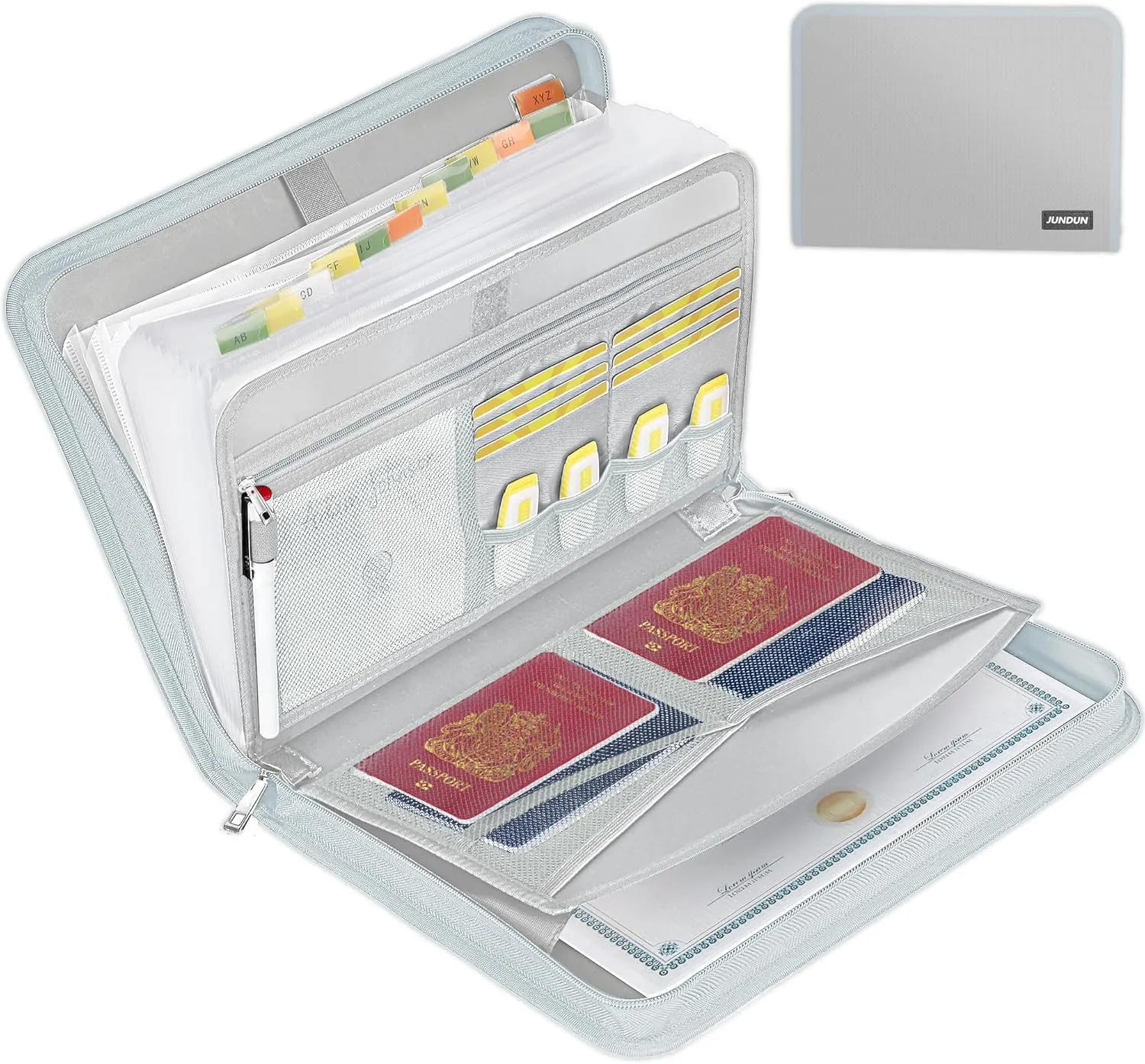 JUNDUN Accordion File Organizer - Fireproof Accordion Folder with Zipper & Labels - 12 Pocket Expanding File Folder with Multi-Pockets Paper Organizer Folder for Letter A4 Files and More (Sliver)