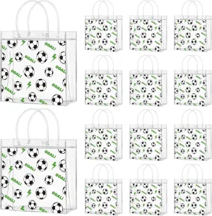 Jutieuo 24 Pack Soccer Clear Gift Bags with Handles, Plastic Snack Bags Goodie Bag Bulk for Sport Team & Football Themed Party (8 x 8 x 3.1 Inches)