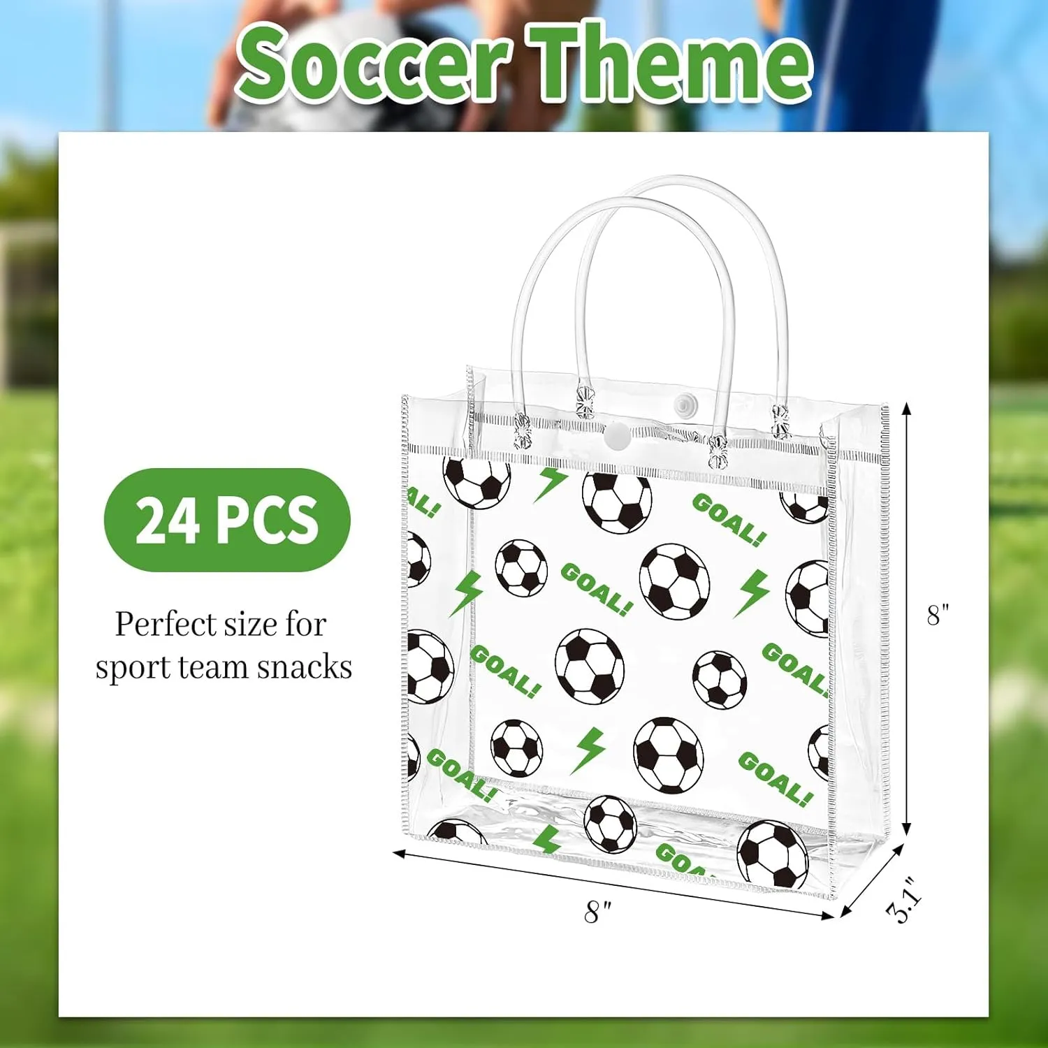 Jutieuo 24 Pack Soccer Clear Gift Bags with Handles, Plastic Snack Bags Goodie Bag Bulk for Sport Team & Football Themed Party (8 x 8 x 3.1 Inches)