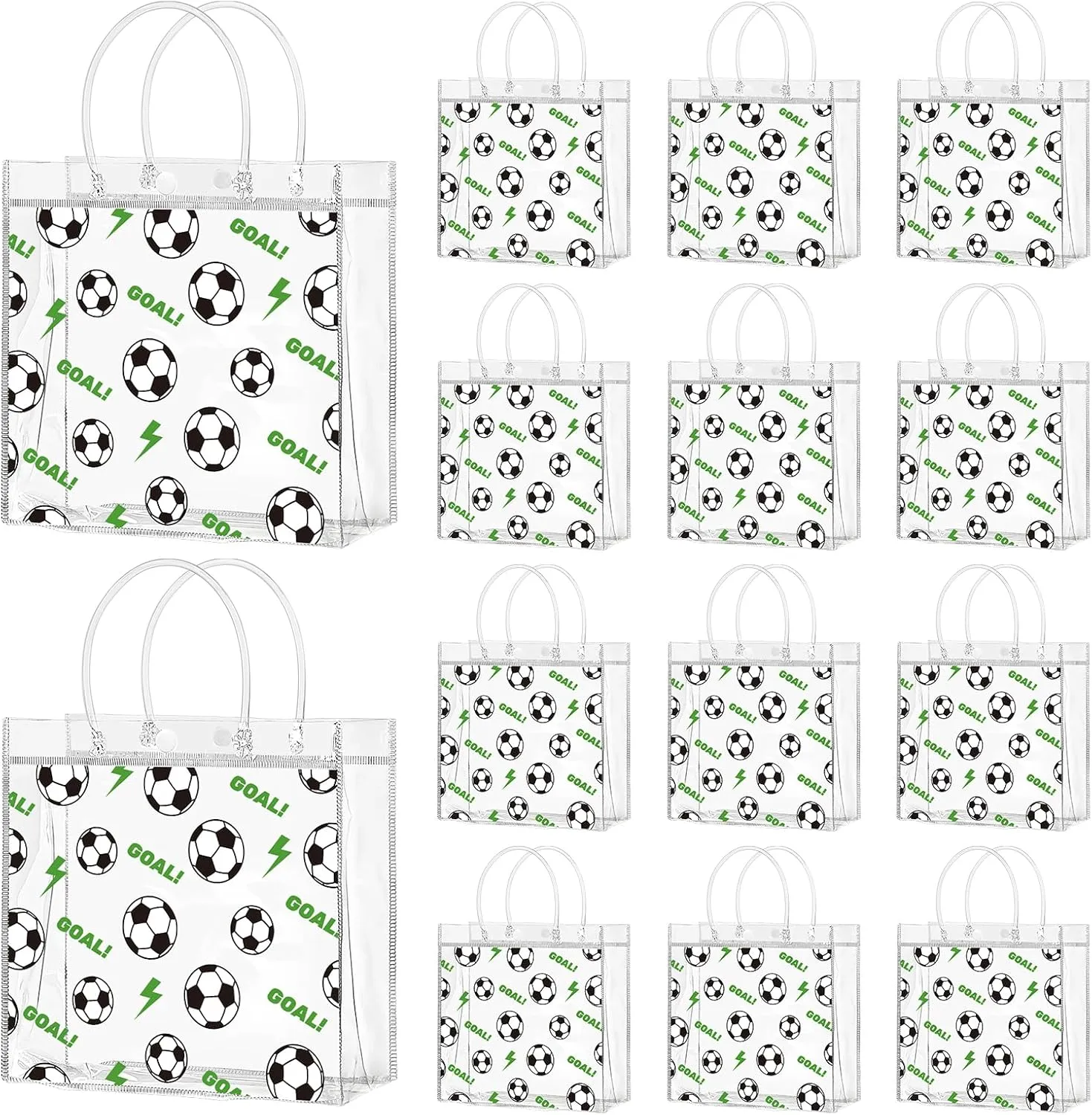 Jutieuo 24 Pack Soccer Clear Gift Bags with Handles, Plastic Snack Bags Goodie Bag Bulk for Sport Team & Football Themed Party (8 x 8 x 3.1 Inches)