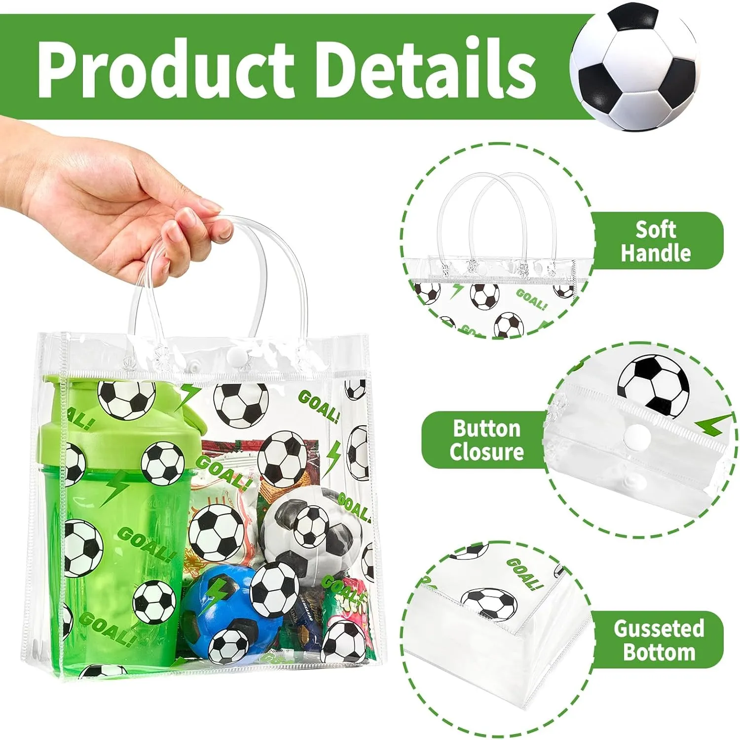 Jutieuo 24 Pack Soccer Clear Gift Bags with Handles, Plastic Snack Bags Goodie Bag Bulk for Sport Team & Football Themed Party (8 x 8 x 3.1 Inches)
