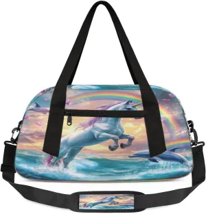 Kids Overnighter Duffel Bags for Boys & Girls,Unicorn Dolphin Fantasy Rainbow Colorful Travel Bags for Toddler Weekender Bag Childrens Gym Sports