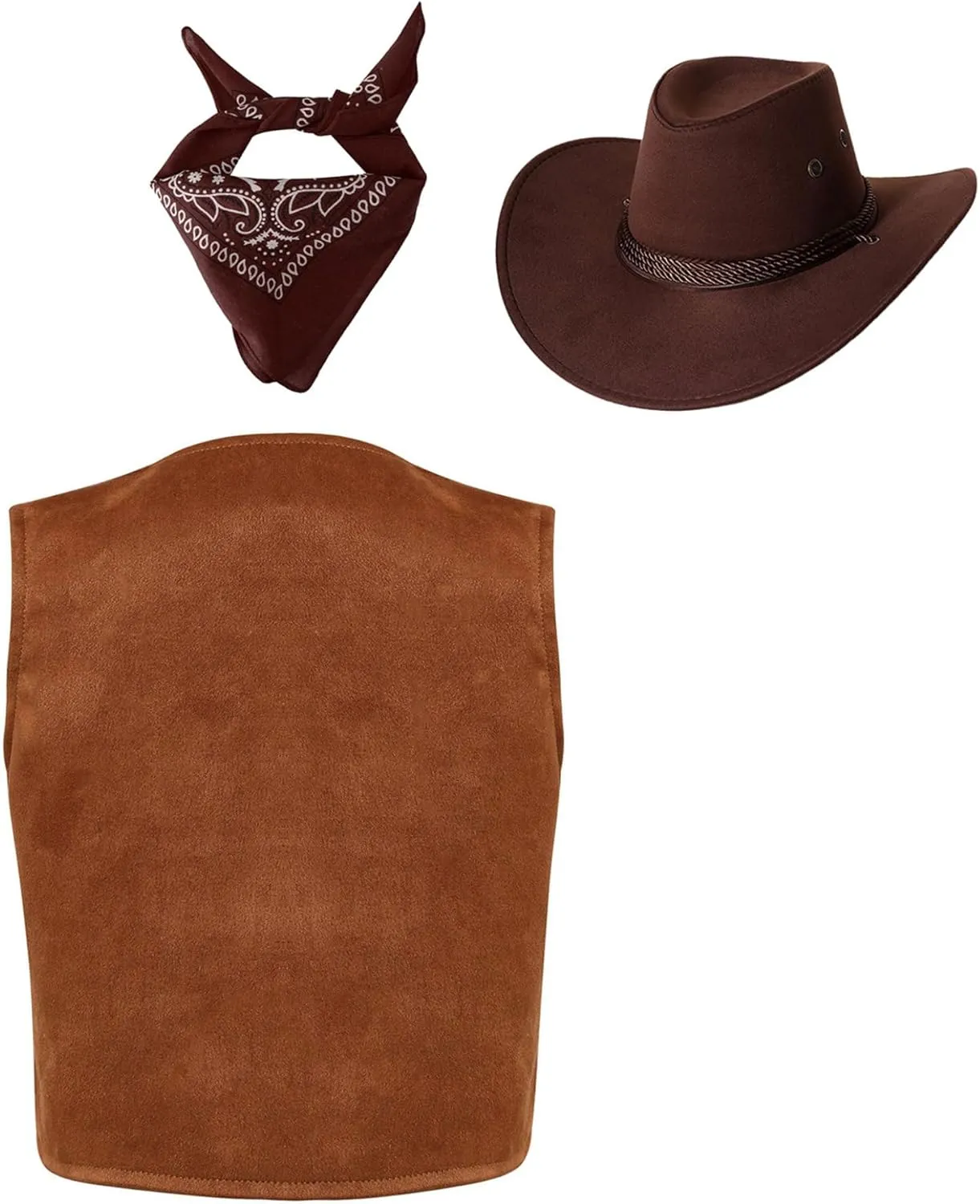 Kids Western Cowboy Cowgirls Outfit Girls Boys Suede Vest with Hat Bandanna Fancy Party Dress Up Set