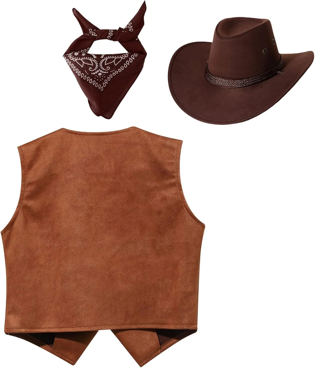Kids Western Cowboy Cowgirls Outfit Girls Boys Suede Vest with Hat Bandanna Fancy Party Dress Up Set