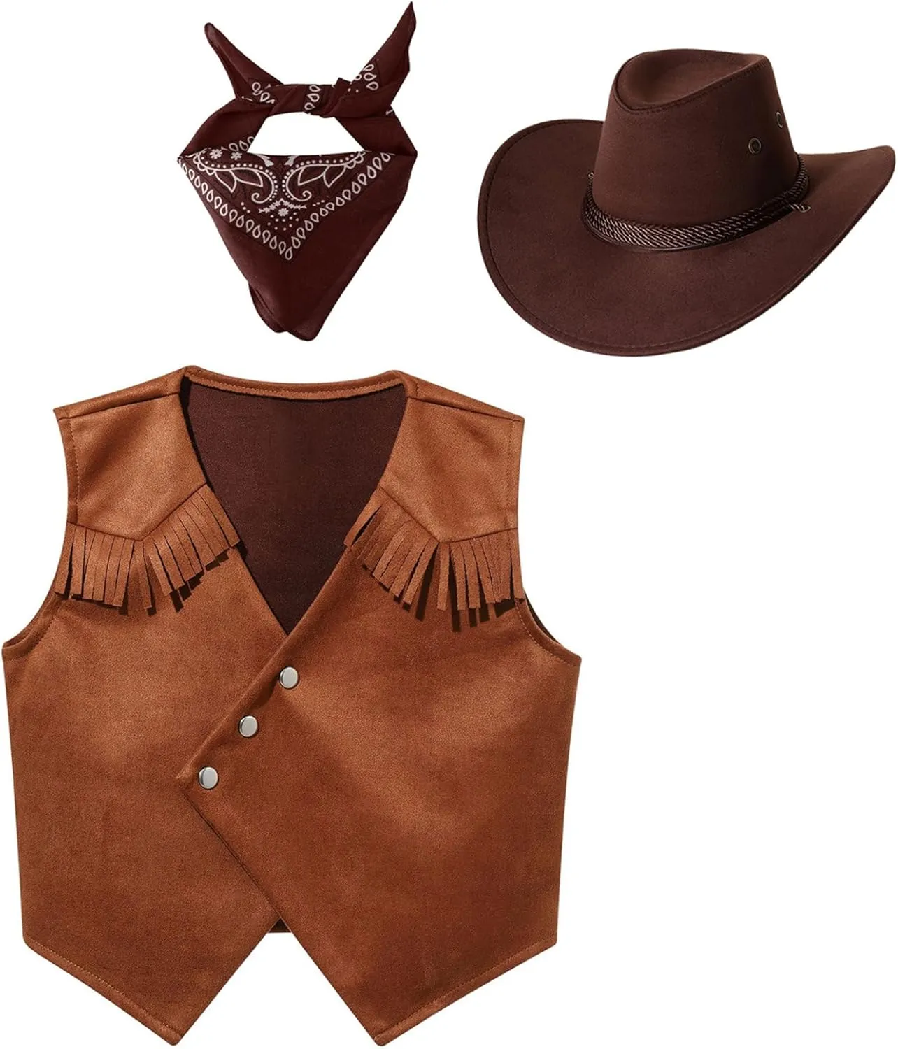 Kids Western Cowboy Cowgirls Outfit Girls Boys Suede Vest with Hat Bandanna Fancy Party Dress Up Set