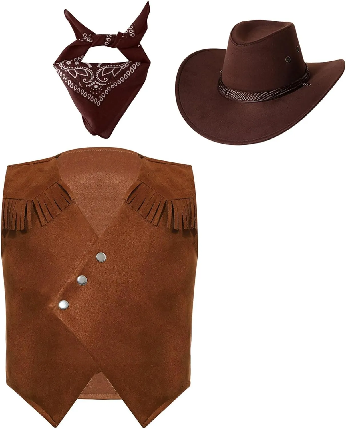 Kids Western Cowboy Cowgirls Outfit Girls Boys Suede Vest with Hat Bandanna Fancy Party Dress Up Set