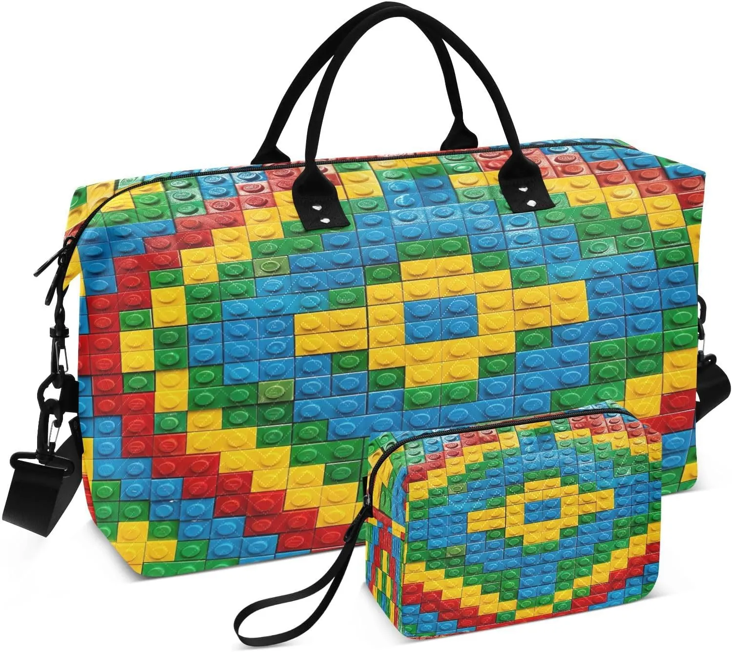 Kigai Colorful and Vibrant Toy Colors Travel Duffel Bags 2PCS,Sports Duffel Bags for Men Women,Weekender Overnight Bag Gym Tote Bag with Toiletry Bag
