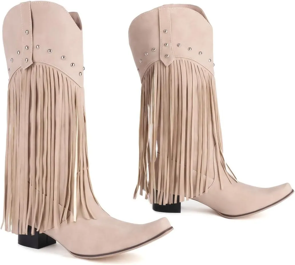 KiutSymo Mid Calf Fringe Boots For Women Cowboy Pointed Toe Chunky Heels Cowgirl Western Tassel Boots