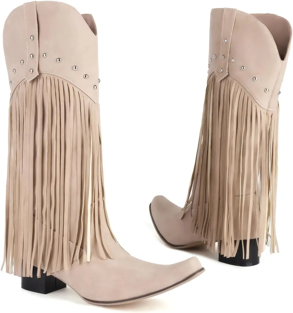KiutSymo Mid Calf Fringe Boots For Women Cowboy Pointed Toe Chunky Heels Cowgirl Western Tassel Boots