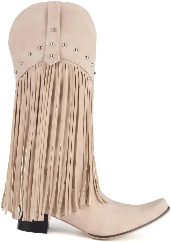 KiutSymo Mid Calf Fringe Boots For Women Cowboy Pointed Toe Chunky Heels Cowgirl Western Tassel Boots