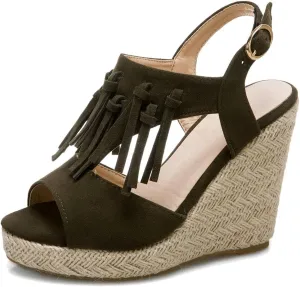 KOKOMOMO Womens Faux Suede Tassel Wedge Espadrille Platform Peep Toe Cutout Sandals
