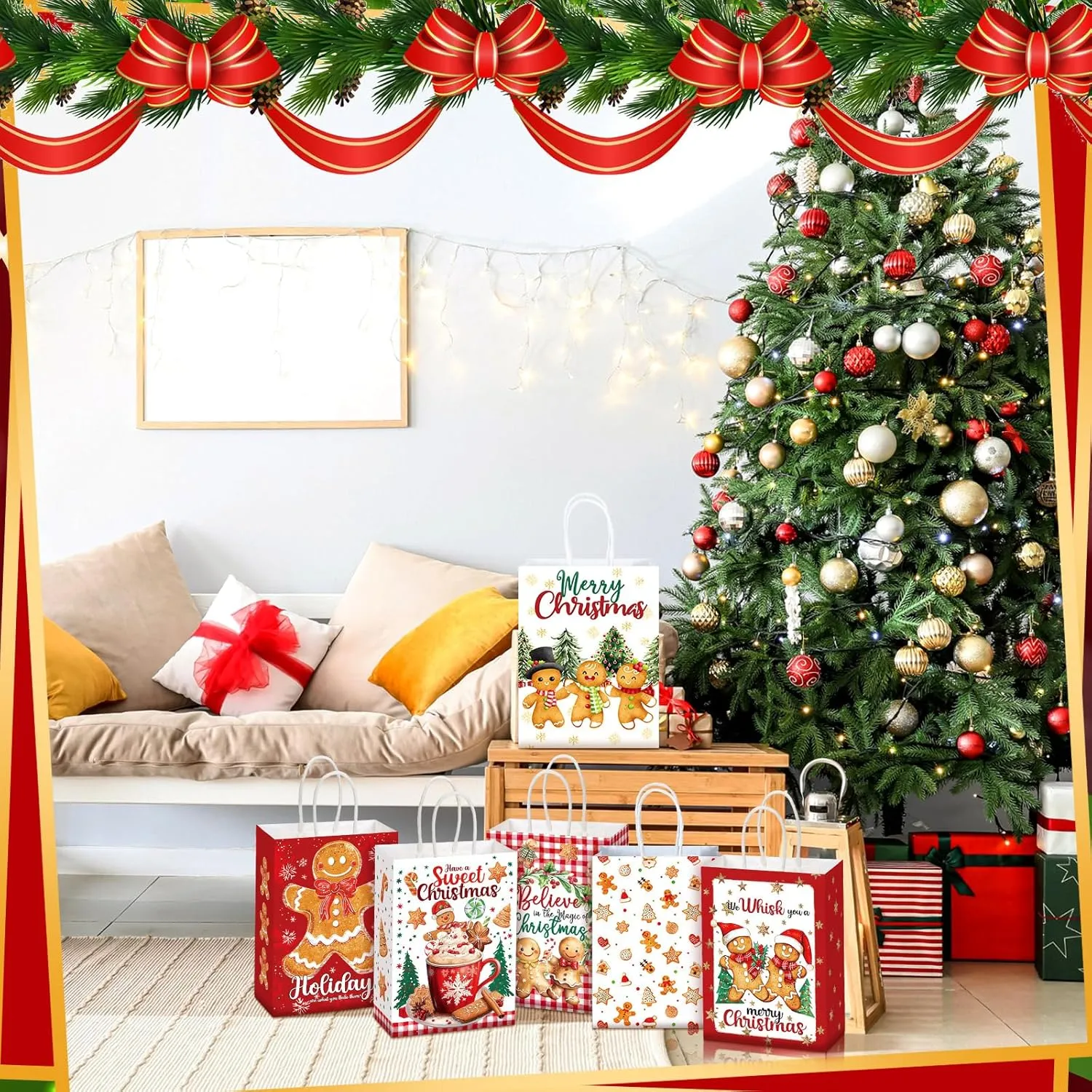 Kolldenn 24 Pcs Christmas Gingerbread Party Favors Bags - Paper Xmas Candy Treat Bags with Handles for Christmas Party Decorations & Holiday Supplies