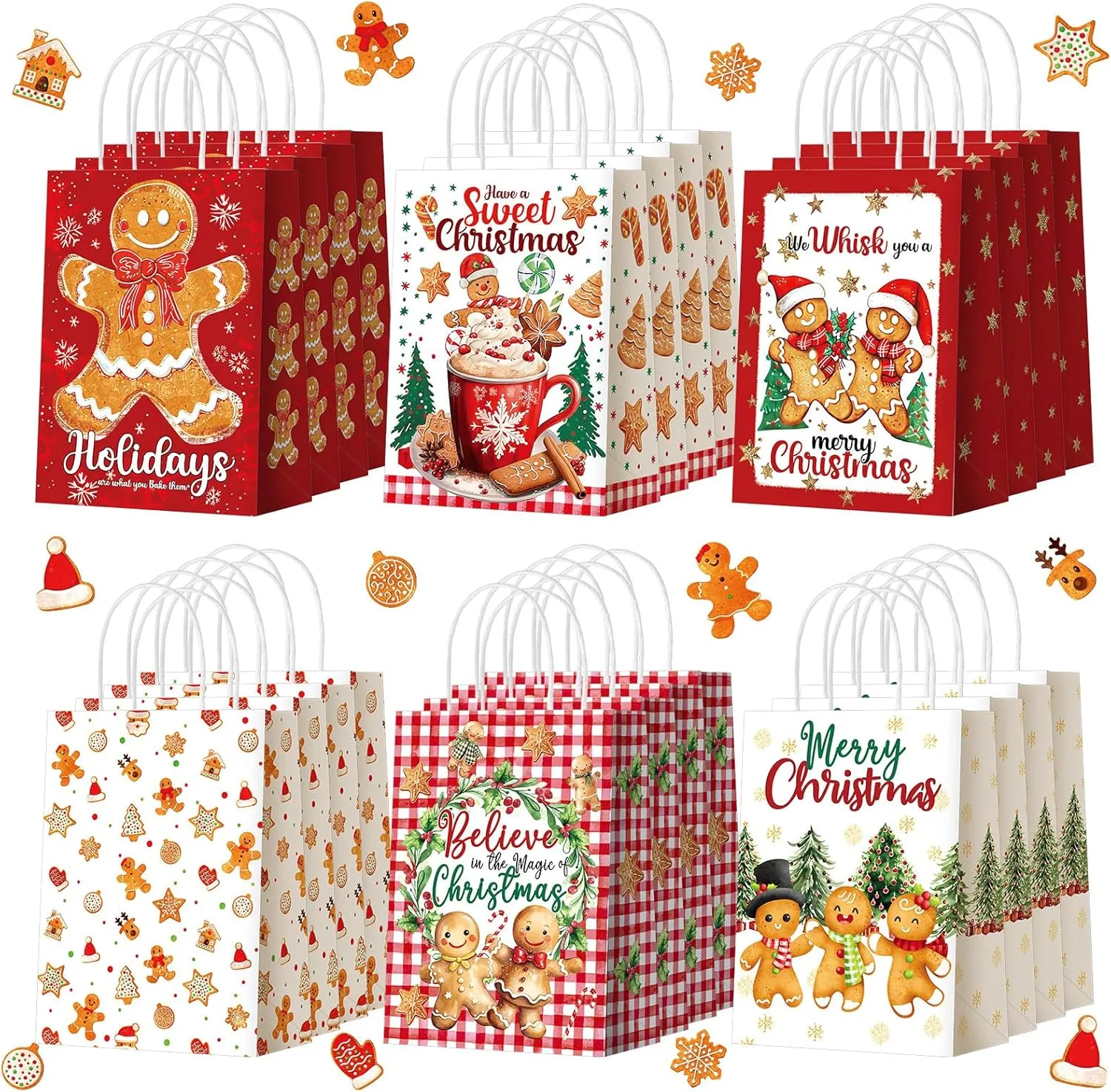 Kolldenn 24 Pcs Christmas Gingerbread Party Favors Bags - Paper Xmas Candy Treat Bags with Handles for Christmas Party Decorations & Holiday Supplies
