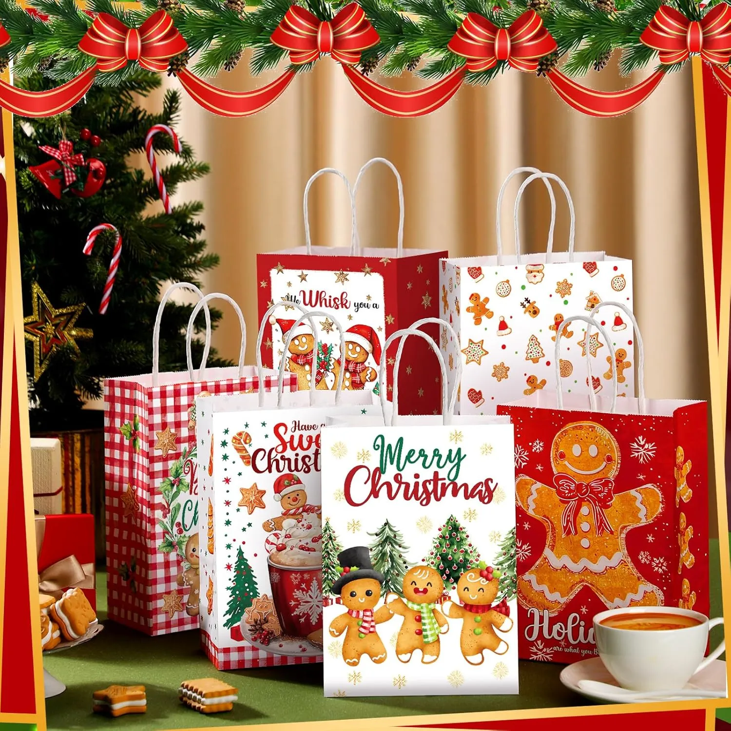 Kolldenn 24 Pcs Christmas Gingerbread Party Favors Bags - Paper Xmas Candy Treat Bags with Handles for Christmas Party Decorations & Holiday Supplies