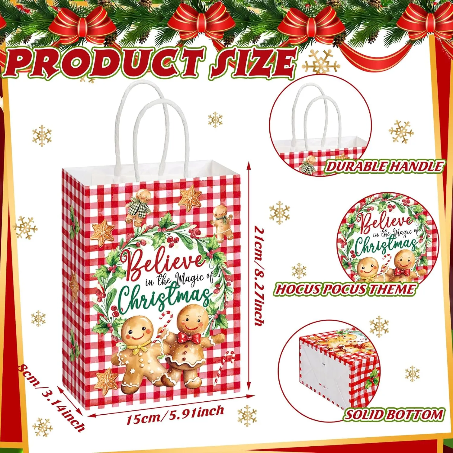 Kolldenn 24 Pcs Christmas Gingerbread Party Favors Bags - Paper Xmas Candy Treat Bags with Handles for Christmas Party Decorations & Holiday Supplies