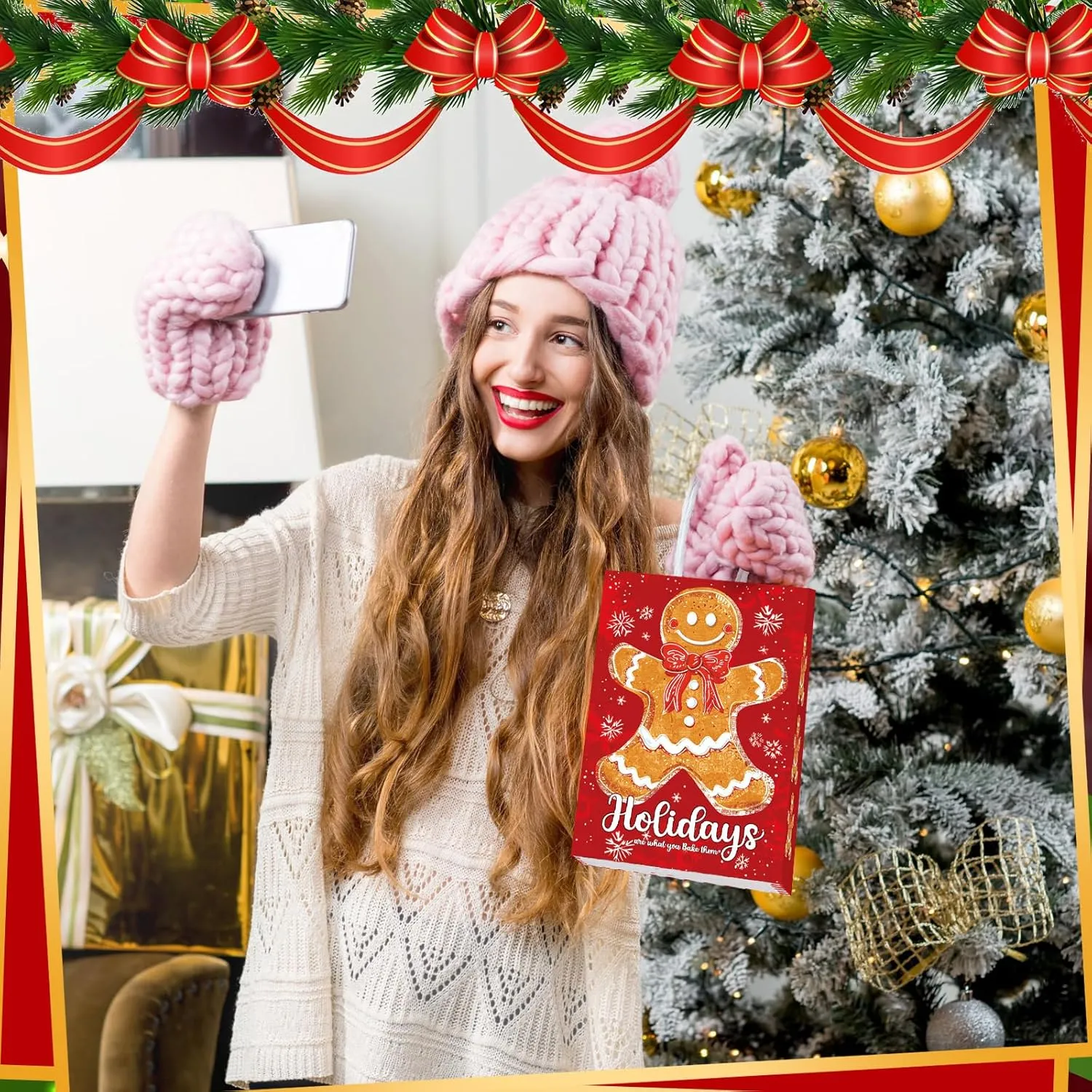 Kolldenn 24 Pcs Christmas Gingerbread Party Favors Bags - Paper Xmas Candy Treat Bags with Handles for Christmas Party Decorations & Holiday Supplies