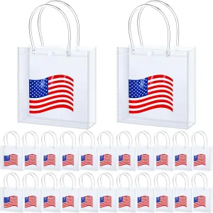 Kolldenn 24 Pcs Patriotic Gift Bags 4th of July Party Favor Reusable American Flag Clear PVC Gift Bags with Handles for Independence Day Veterans Day Memorial Day Party Supplies