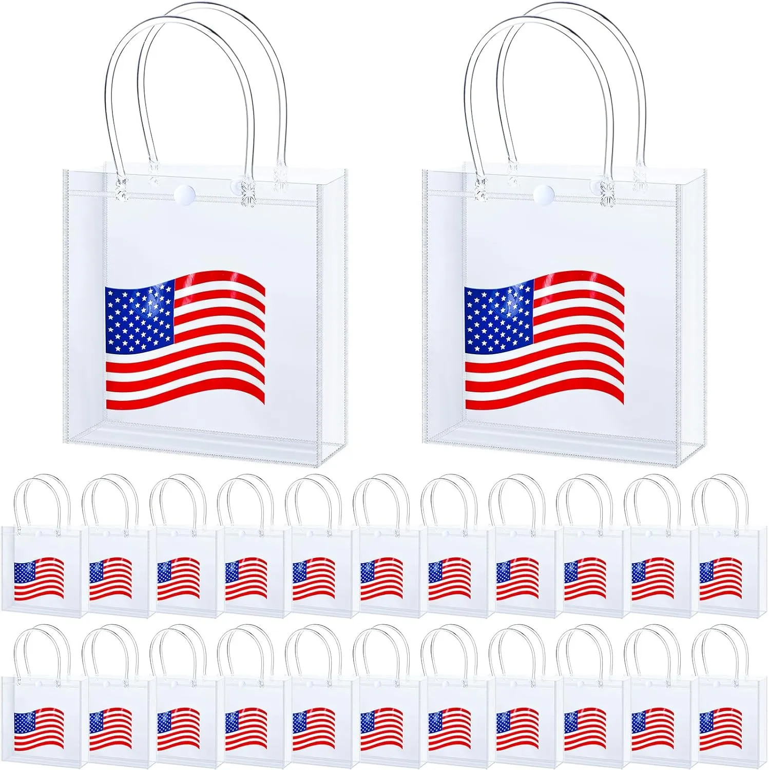 Kolldenn 24 Pcs Patriotic Gift Bags 4th of July Party Favor Reusable American Flag Clear PVC Gift Bags with Handles for Independence Day Veterans Day Memorial Day Party Supplies