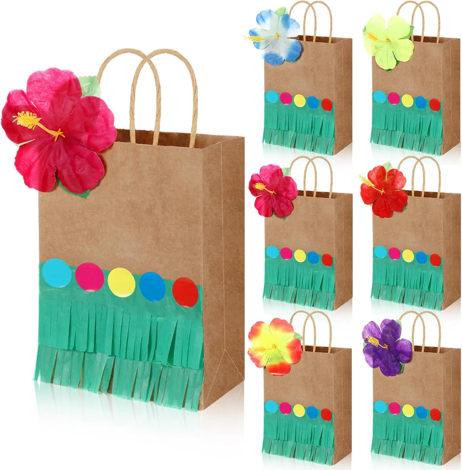 Kolldenn 24 Set Hawaiian Luau Paper Gift Bags with Handle, Hibiscus Flower and Grass Skirt, Tropical Hawaiian Party Favors for Birthday Party Supplies Treat Goodie Candy Guests Wedding Bachelorette