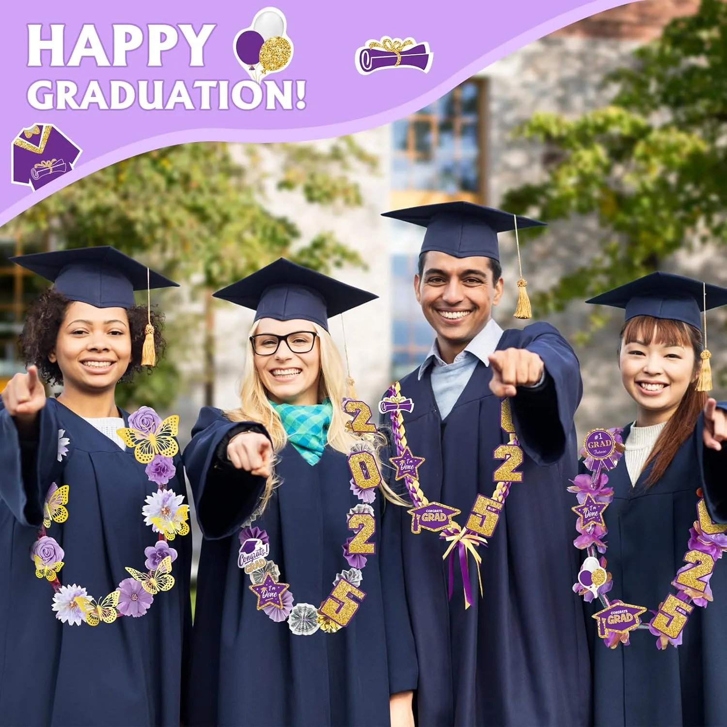 Kosiz 7 Set 2025 Graduation Money Lei 48'' Candy Lei Kit with Flowers Sticker DIY Graduation Ribbon Necklace Congrats Grad Gift for Grad Party Senior High College School(Purple,Elegant)