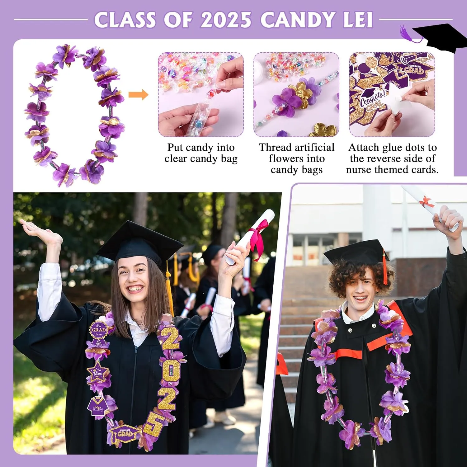 Kosiz 7 Set 2025 Graduation Money Lei 48'' Candy Lei Kit with Flowers Sticker DIY Graduation Ribbon Necklace Congrats Grad Gift for Grad Party Senior High College School(Purple,Elegant)