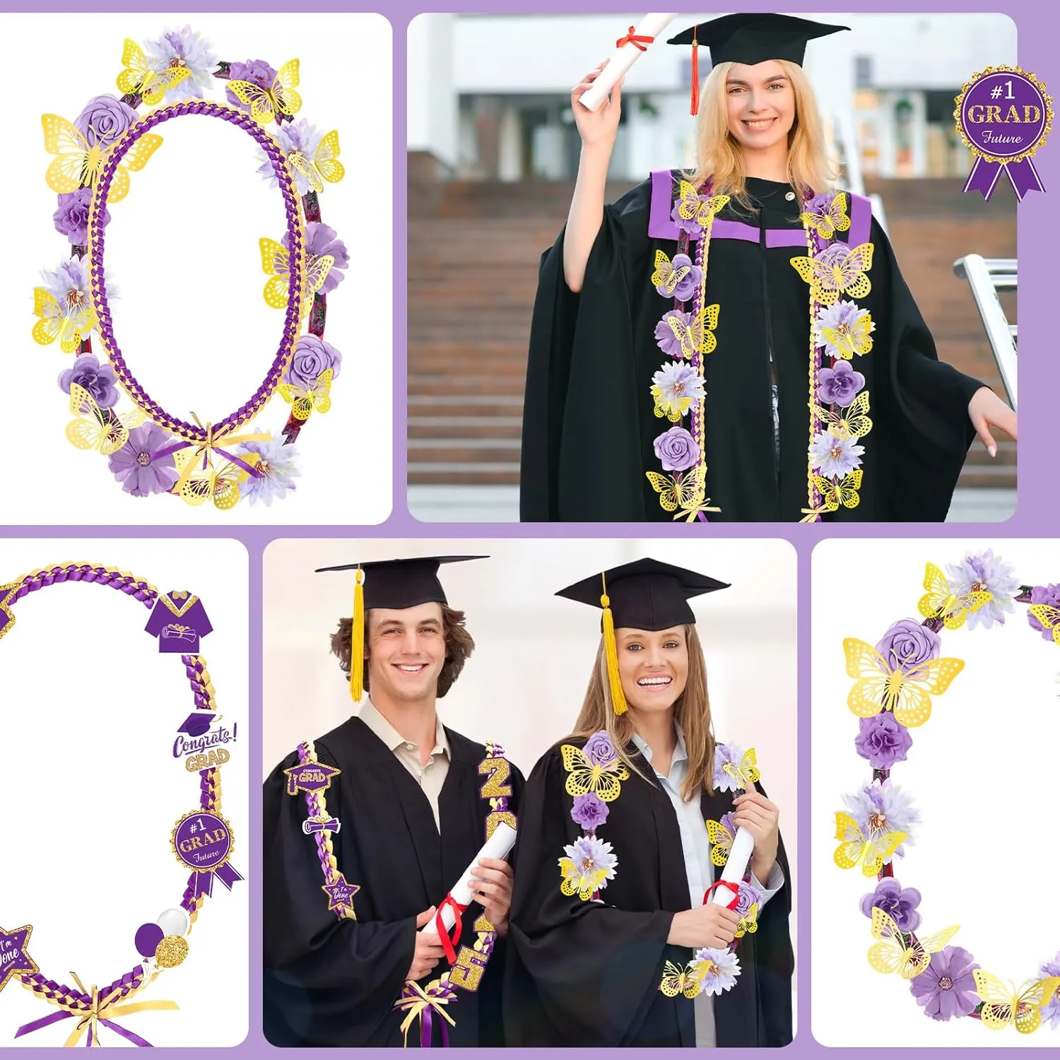 Kosiz 7 Set 2025 Graduation Money Lei 48'' Candy Lei Kit with Flowers Sticker DIY Graduation Ribbon Necklace Congrats Grad Gift for Grad Party Senior High College School(Purple,Elegant)