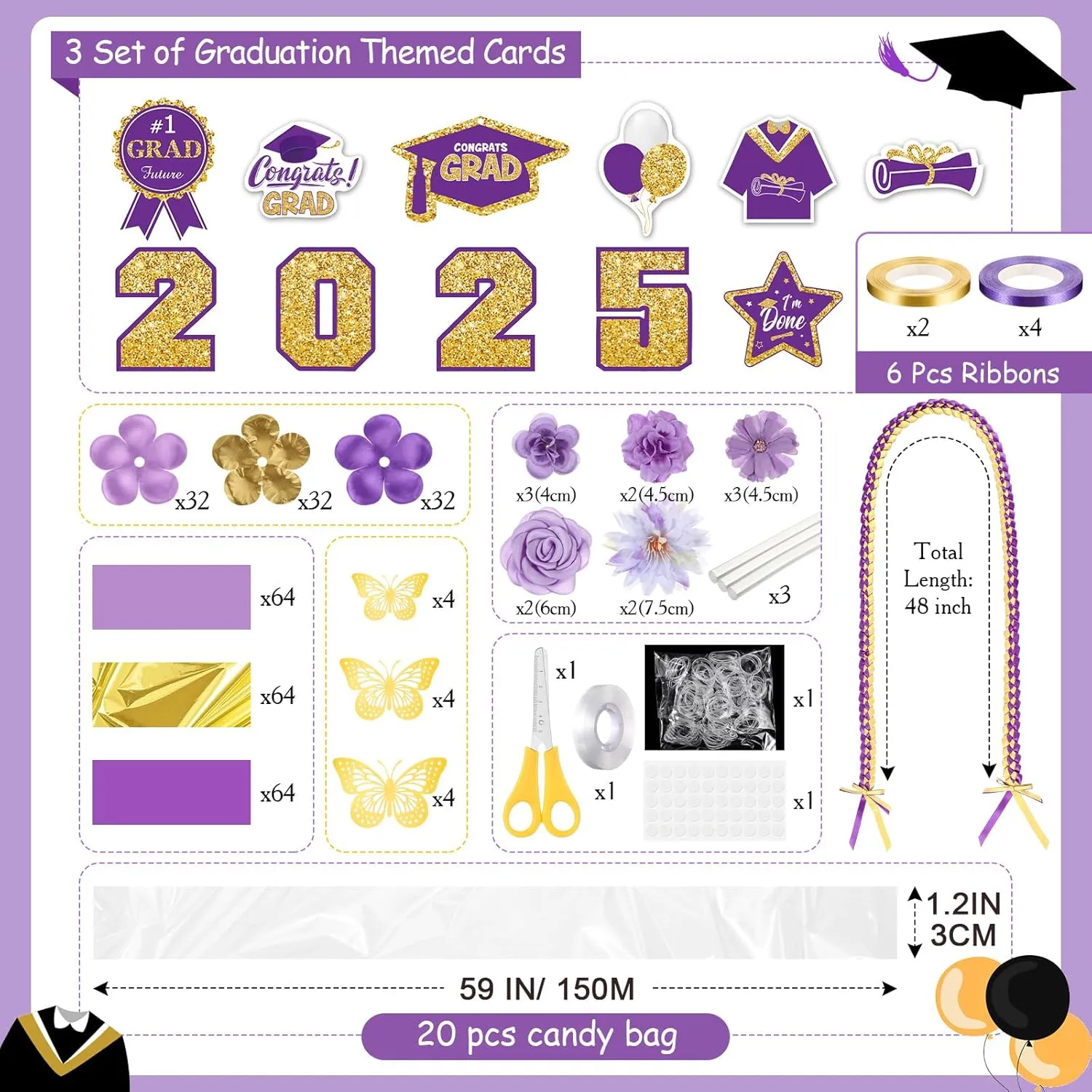 Kosiz 7 Set 2025 Graduation Money Lei 48'' Candy Lei Kit with Flowers Sticker DIY Graduation Ribbon Necklace Congrats Grad Gift for Grad Party Senior High College School(Purple,Elegant)